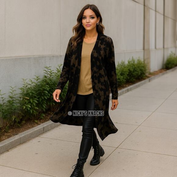 Peyton Jensen Camo Duster Cardigan Evereve Green Open Front Knit Sweater Size M - Picture 8 of 9